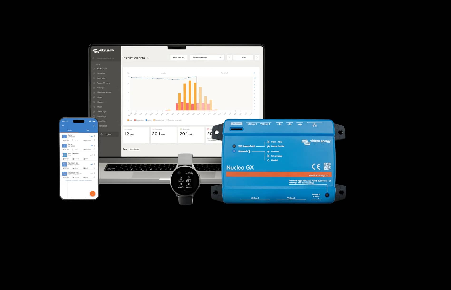 Portal VRM in aplikacija VictronConnect, ki nadzorujeta sistem Nucleo GX