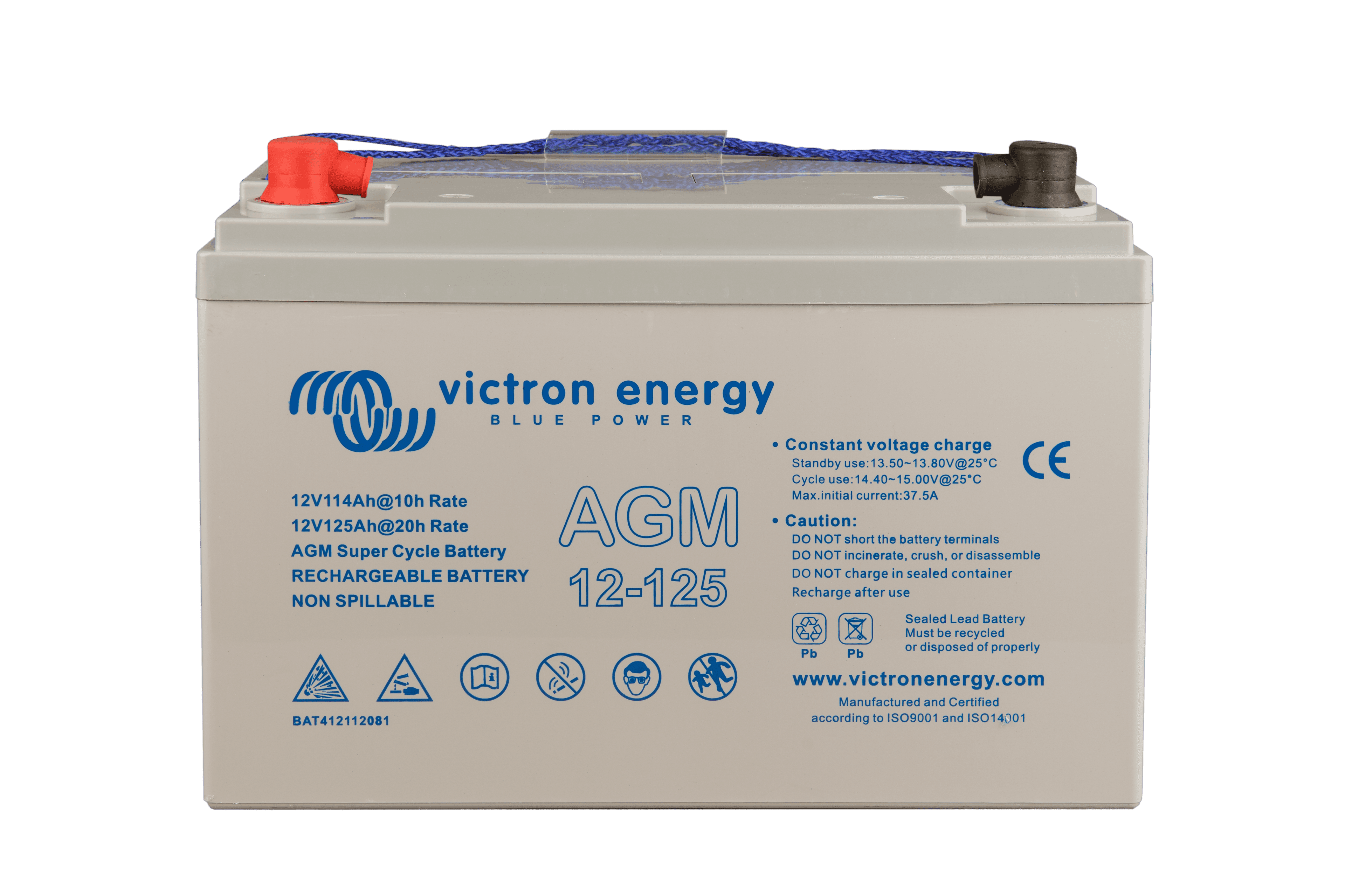 12V 125Ah AGM Super Cycle Battery (front with protectors)  thumbnail